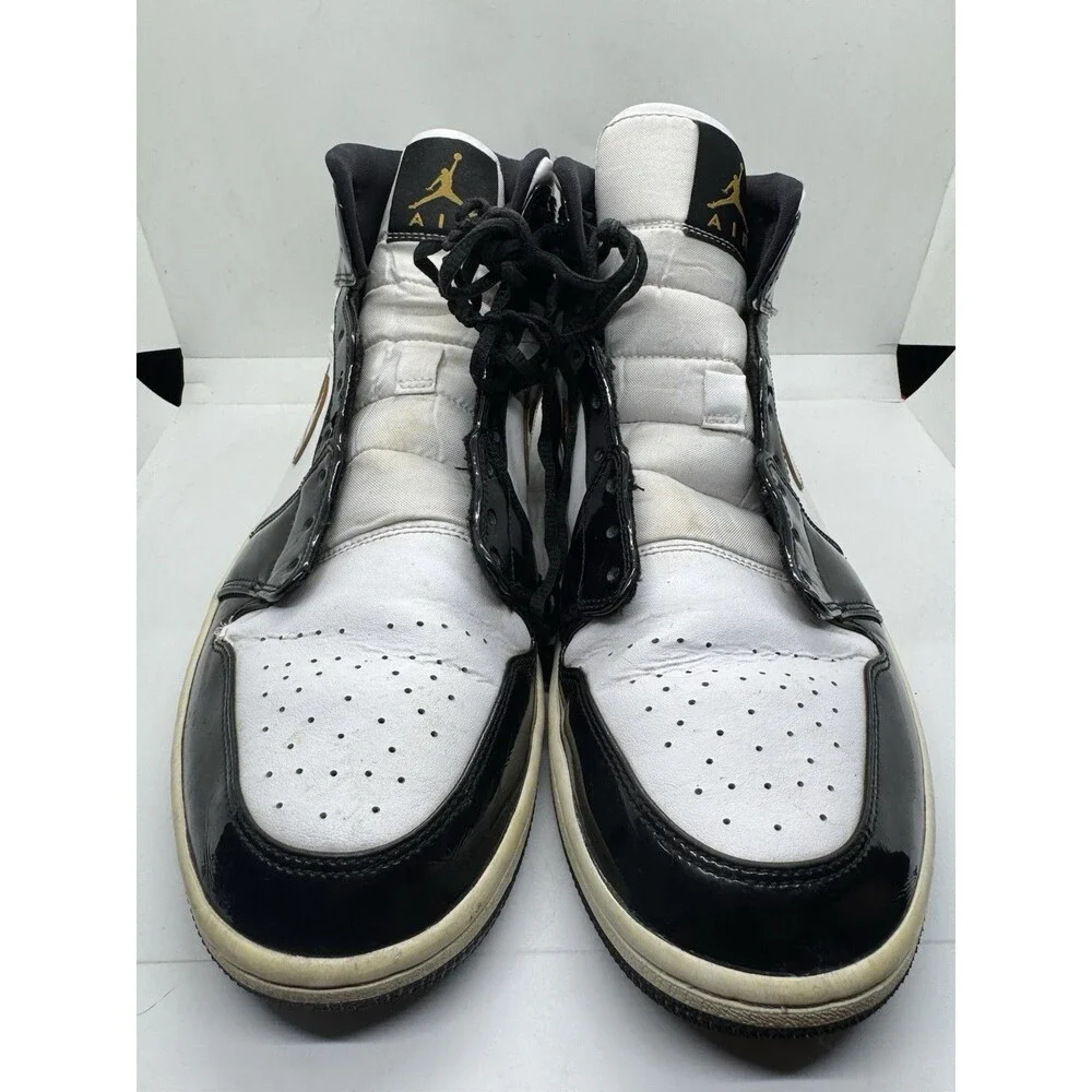Nike Air Jordan 1 Mid Patent Black White Gold Mens 13 Shoes Sneakers 852542 007